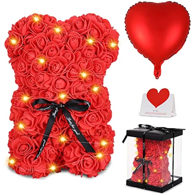 Valentines Day Bear Gifts for Her Wife Girlfriend, Rose Teddy Bear with Box,Card,Balloon & Lights, Lighted Up Rose Teddy Bear Gift for Anniversary