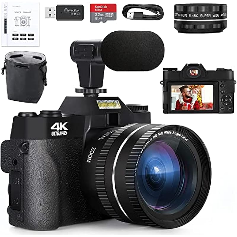 Mo Digital Cameras for Photography, vlogging Camera 4K for YouTube, Video Camera with Wide-Angle & Macro Lenses, 16X Digital Zoom, Flip Screen, External Microphone, 32GB TF Card