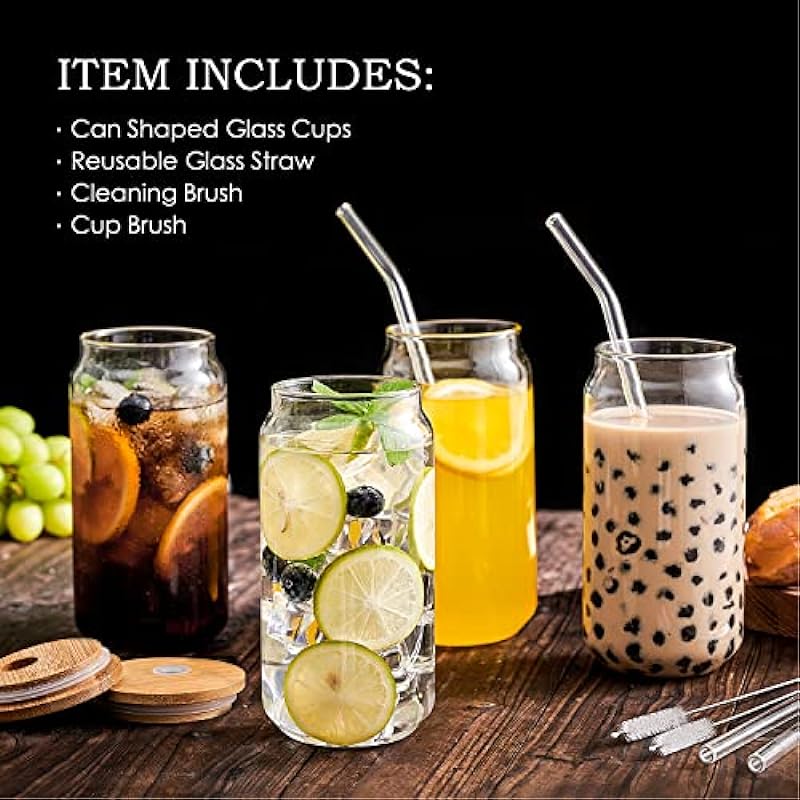 HEFBCOMK 4pcs Set 20 oz Beer Can Glass Cup, Iced Coffee Drinking Cups with Bamboo Lid and Glass Straws, Glass Tumbler for Cocktail, Whiskey, Soda, Tea, Water, Gift (20OZ)