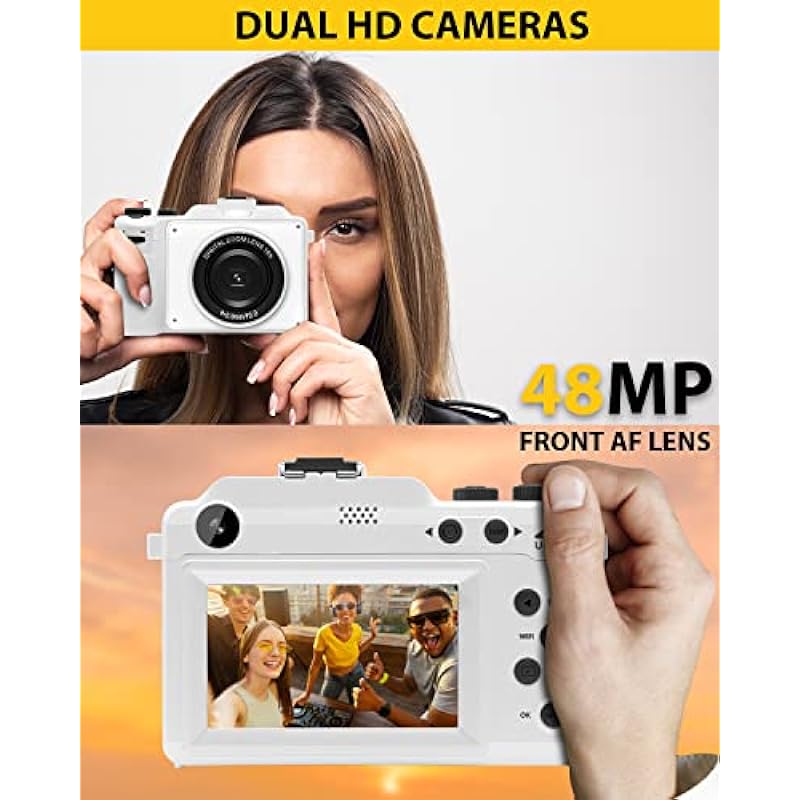 Digital Camera 4k Video Camera Compact Camera 48MP 3.0″ Screen YouTube Camera Rechargeable 16X Digital Zoom Beginner Pocket Camera Dual Hd Cameras with Sd Card (White)