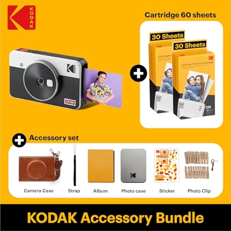 KODAK Mini Shot 2 Retro 4PASS 2-in-1 Instant Camera and Photo Printer (2.1×3.4 inches) + 68 Sheets Gift Bundle, White