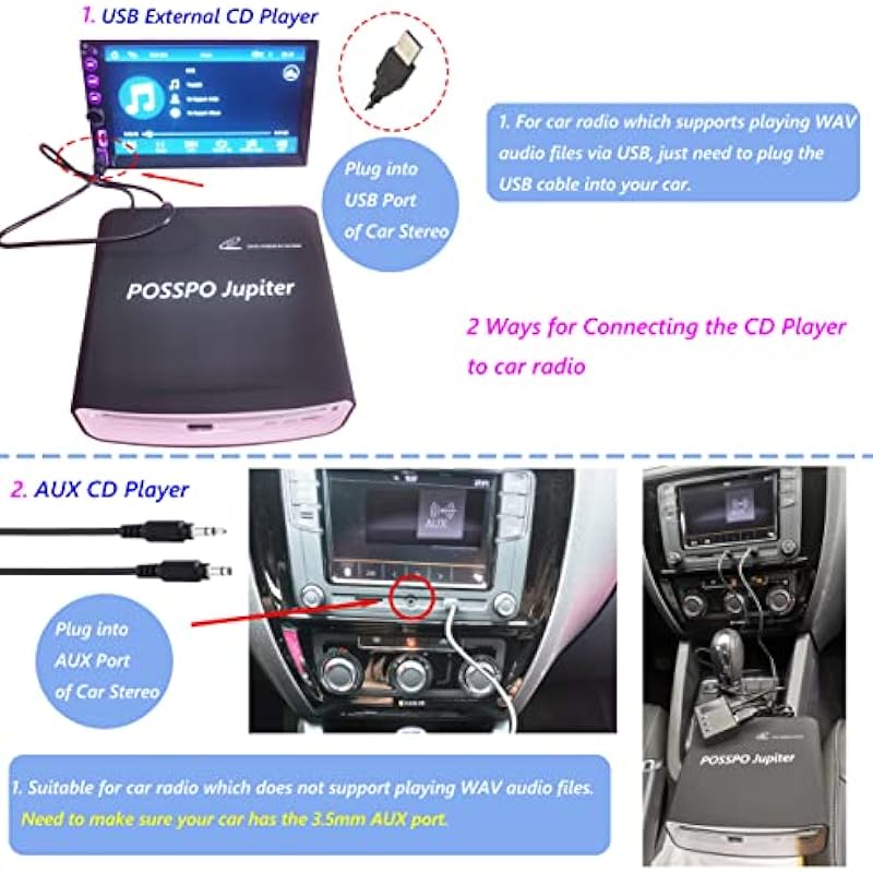 POSSPO Jupiter CD DVD Player for Car with USB Port AUX Port, Portable External CD Player That Plugs into Car Laptop Desktop TV Mac Computer, Plug & Play –Upgraded with Extra USB Extension Cable