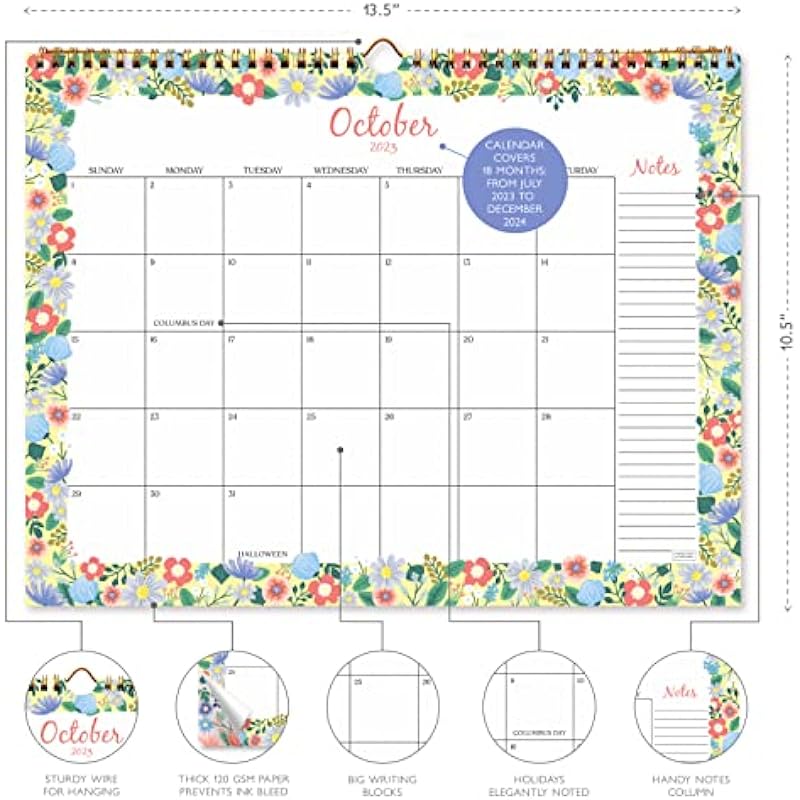 S&O Floral Border 2024 Wall Calendar Runs from Now to December 2024 – Tear-Off Monthly Calendar – Academic Wall Calendar – Hanging Calendar to Track Anniversaries & Appointments – 13.5″x10.5”in