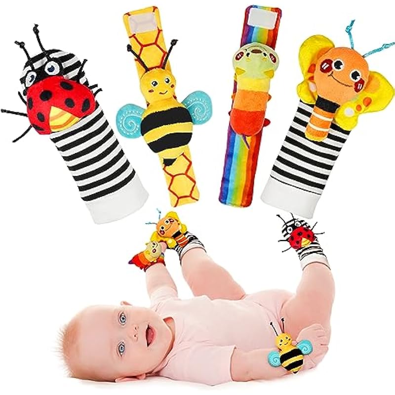 Infinno Baby Wrist Rattle Socks and Foot Finder Set, Perfect Baby Toys for 0-12 Months Newborn Boys and Girls As Baby Shower Gifts, Garden Bug Series