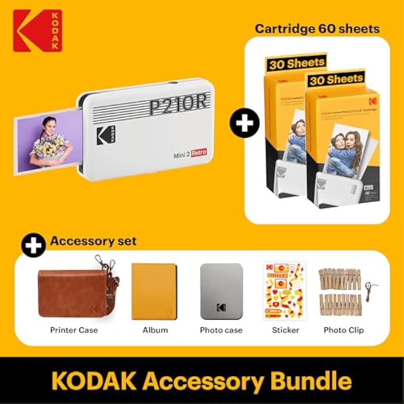 KODAK Mini 2 Retro 4PASS Portable Photo Printer (2.1×3.4 inches) + 68 Sheets Gift Bundle, White
