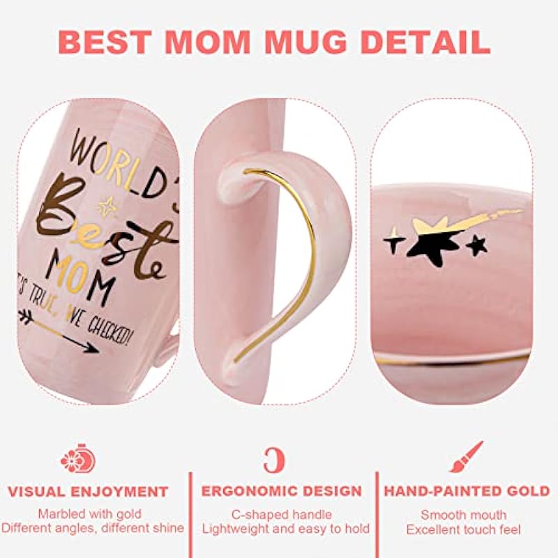 ALBISS Mothers Day Gifts for Mom from Daughter Son – World’s Best Mom – Funny Mom Mug Printed with Gold, Presents for Mom Birthday, 14OZ Pink Marble Ceramic Coffee Cup with Lid Card, Nicely Gift-Boxed