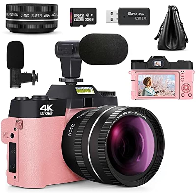 Monitech Digital Cameras for Photography, vlogging Camera 4K for YouTube, Video Camera with Wide-Angle & Macro Lenses, 16X Digital Zoom, Flip Screen, External Microphone, 32GB TF Card -NBRO2 Pink