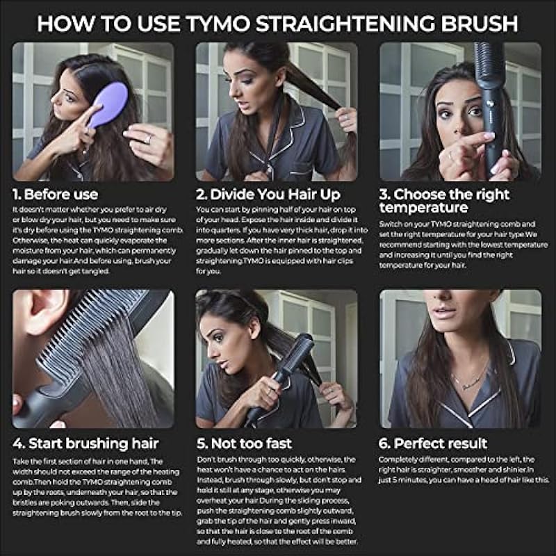 TYMO Hair Straightener Brush, Hair Iron with Built-in Comb, Fast Heating & 5 Temp Settings & Anti-Scald, Perfect for Professional Salon at Home, Straightening Brush That Reduces Styling Time, Hot Comb, TYMO RING Matte Black