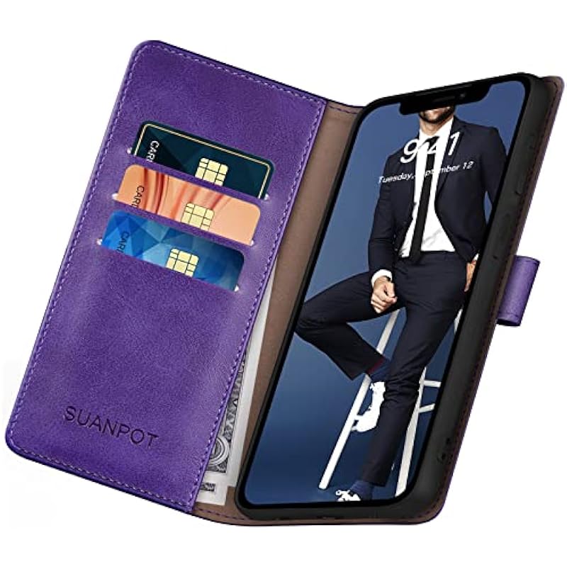 SUANPOT for iPhone 14 6.1″ Wallet case with RFID Blocking Credit Card Holder,Flip Book PU Leather Protective Cover Women Men for Apple 14 Phone case Purple