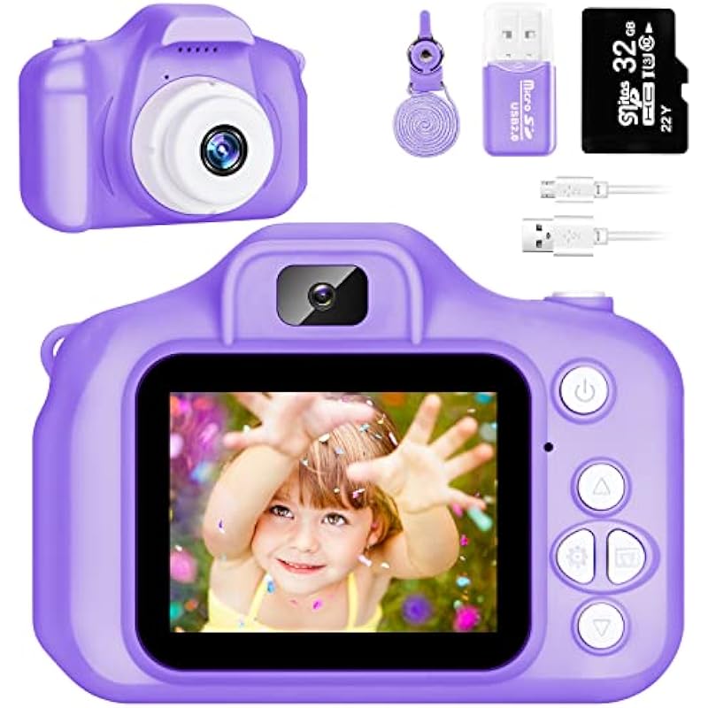 Kids Camera for Boys and Girls, SINEAU Digital Camera for Kids Toy Gift, Toddler Camera Birthday Gift for Age 3 4 5 6 7 8 9 10 with 32GB SD Card, Video Recorder 1080P IPS 2 Inch(Purple)