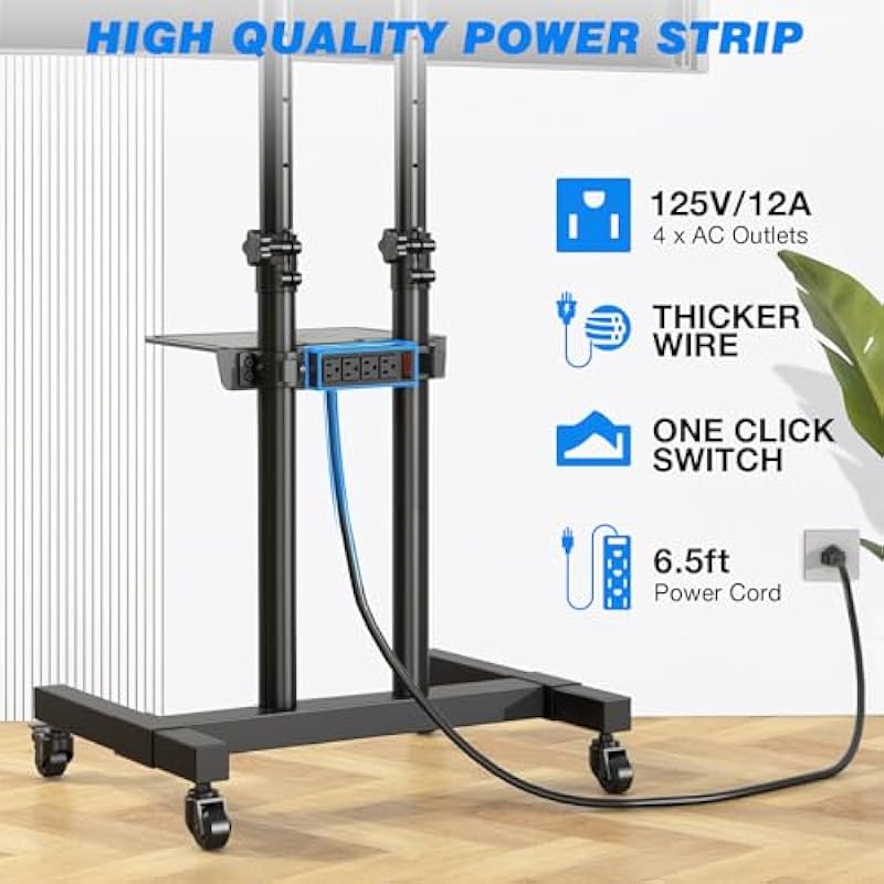 Rfiver Upgraded Mobile TV Stand on Wheels with Power Outlet, Heavy Duty Rolling TV Cart for 32-75 Inch TVs up to 110 lbs, Height Adjustable Portable Floor TV Stand for Bedroom, Home Office