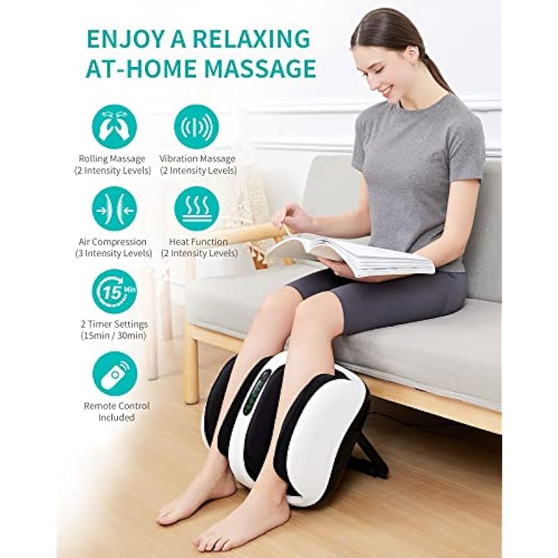 Nekteck Foot Massager Machine, Shiatsu Foot and Calf Massager with Heat and Remote, Deep Kneading, Vibration, Air Compression Leg Massage for Home or Office Use (White)