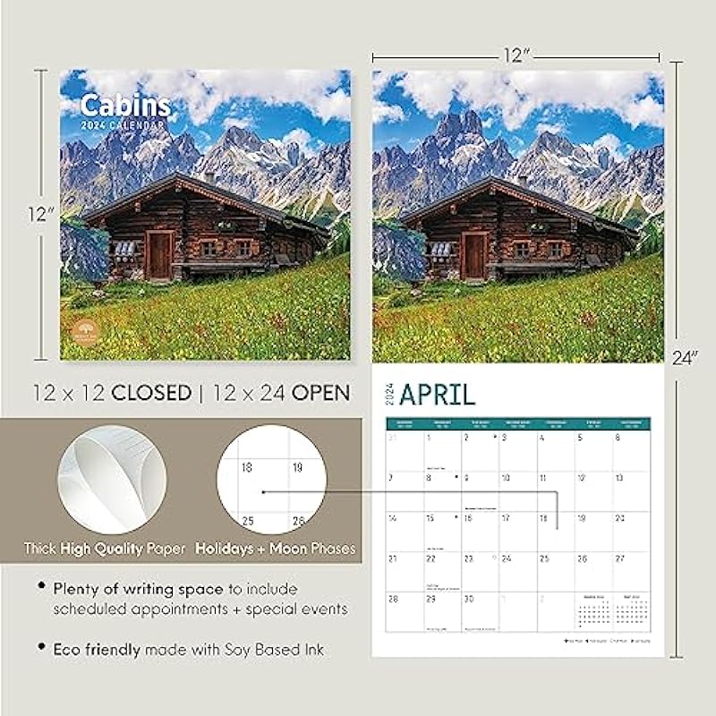 2024 Cabins Monthly Wall Calendar by Bright Day, 12 x 12 Inch