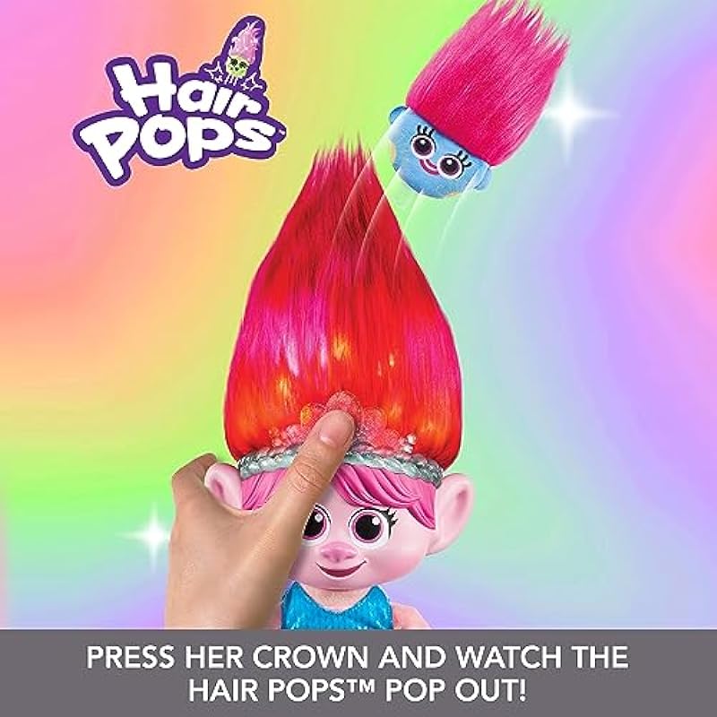 Trolls Band Together Plush Toy, HAIR POPS Showtime Surprise Queen Poppy Soft Doll with Lights, Sounds, 1 Hair Pops & 3 Accessories