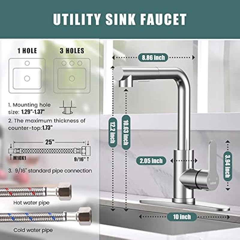 Kitchen Faucets, Brushed Nickel Kitchen Faucet with Pull Down Sprayer and Deck Plate, Stainless Steel Commercial Utility Kitchen Faucets for Sink 3 Hole for Bar Rv Camper Laundry Outdoor Farmhouse