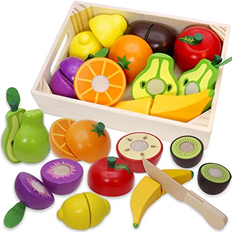 Airlab Wooden Play Food Set for Kids Kitchen Accessories Pretend Cutting Fruits Montessori Educational Toys for Toddlers 3-5 Year Old Boys Girls