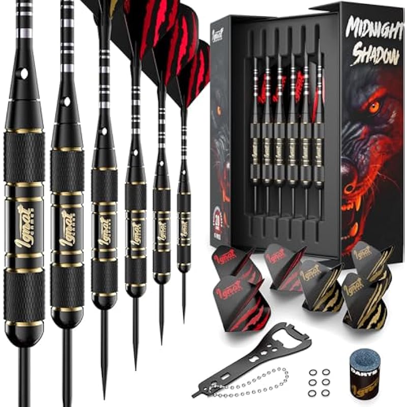 IgnatGames Steel Tip Darts Set – Professional Darts with Aluminum Shafts, Rubber O’Rings, and Extra Flights + Dart Sharpener + Innovative Case + Darts Guide