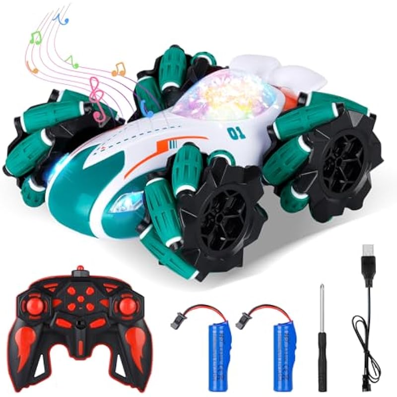 Yeauhwov Remote Control Cars for Kids, All Directional 360°Rotating RC Stunt Car with Cool Light & Music, 2.4GHz 4WD RC Car Toys for Boys 6-12, Christmas Birthday Gifts