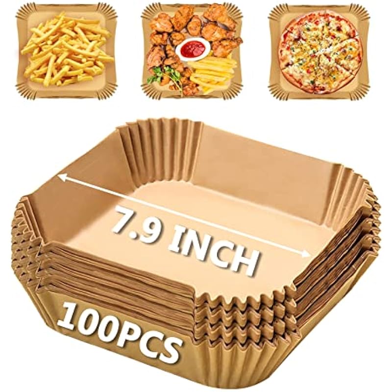 Air Fryer Disposable Paper Liner Square, 7.9 Inch Air Fryer Parchment Paper Liners 100 PCS, Air Fryer Liners Non-Stick Oil Resistant, Waterproof, Food Grade Baking Paper for Roasting Microwave