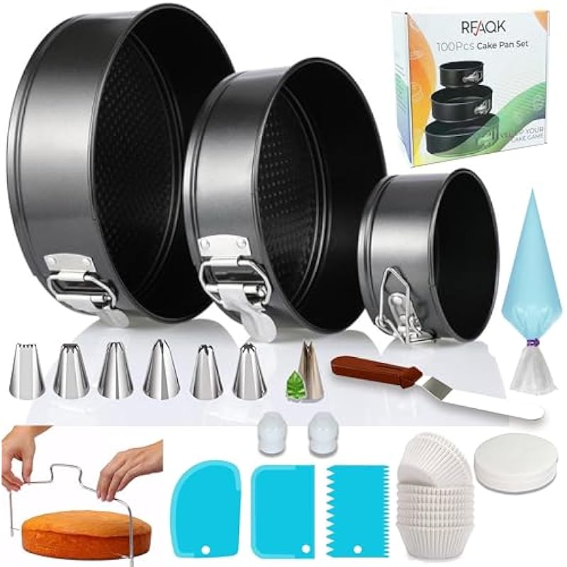 Cake Pans with Baking Supplies | 100 Pcs Springform Pan Set Includes 3 Round Non-Stick Moule a Gateau (4,7,9 inches Baking Pan)-Icing Tips-Leveler–Leak Proof Cheesecake Pan-Baking Set & EBook By RFAQK