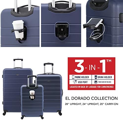 Wrangler Smart Luggage Set with Cup Holder and USB Port, Navy Blue, 20-Inch Carry-On, Smart Luggage Set with Cup Holder and USB Port