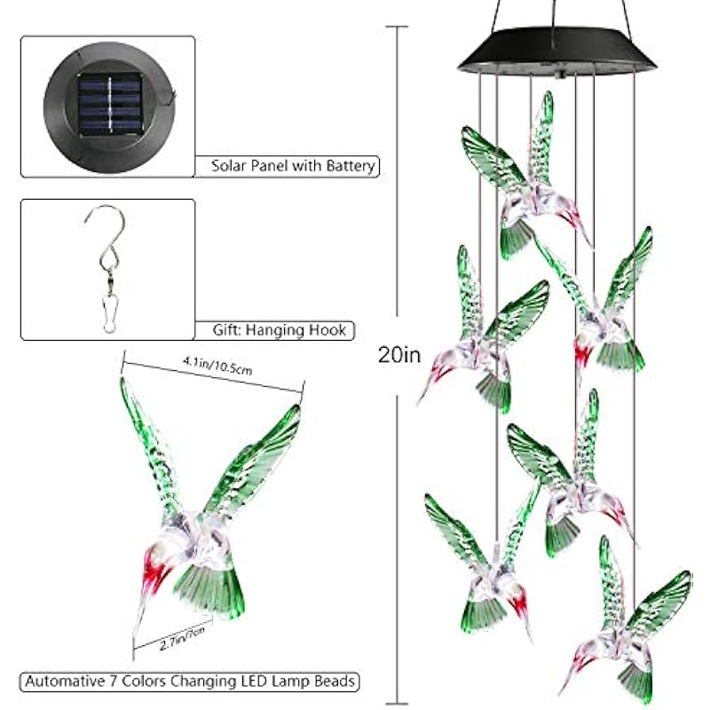 Toodour Solar Wind Chimes, Color Changing Solar Hummingbird Wind Chimes, LED Decorative Mobile, Waterproof Solar Lights Outdoor for Patio, Window, Garden Decor, for Mom/Grandma