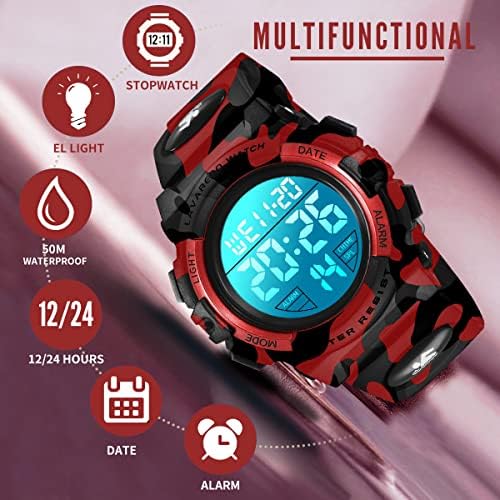 Kids Watch, Boys Watch for 6-15 Year Old Boys, Digital Sport Outdoor Multifunctional Chronograph LED 50 M Waterproof Alarm Calendar Analog Watch for Children with Silicone Band