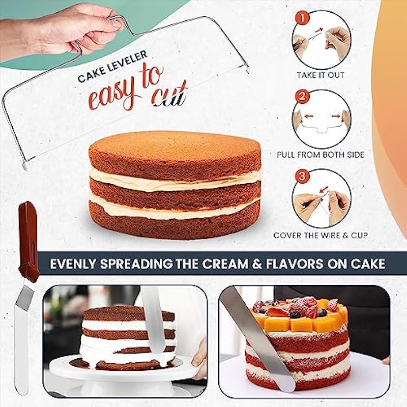 Cake Pans with Baking Supplies | 100 Pcs Springform Pan Set Includes 3 Round Non-Stick Moule a Gateau (4,7,9 inches Baking Pan)-Icing Tips-Leveler–Leak Proof Cheesecake Pan-Baking Set & EBook By RFAQK