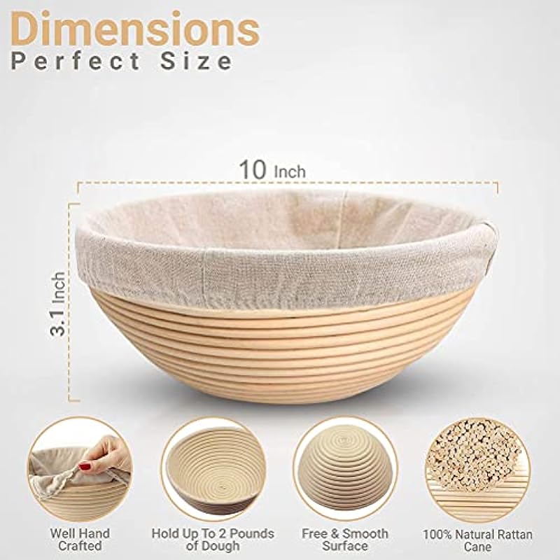 2 Pack 10 inch Banneton proofing Basket, Round Sourdough Bread Basket, Handmade Bread Proofing Basket with Linen Liner Cloth, Great for Professional & Home Bakers & Starter