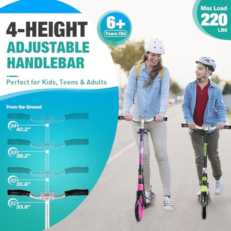 BELEEV Scooters for Kids, Adults, Teens, Quick-Release Foldable System, Front Suspension System, 200mm Big Wheels Scooter with 4 Adjustable Height, Kick Scooter with Carry Strap, Up to 220 lbs