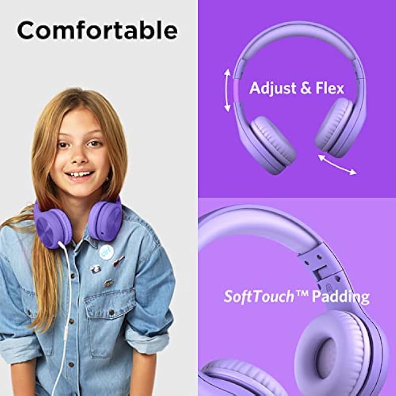 LilGadgets Connect+ Pro Wired Kids Headphones – Designed with Kids’ Comfort in Mind, Child-Friendly Foldable Over-Ear Headset with in-line Microphone, Perfect for Toddlers in School, Purple