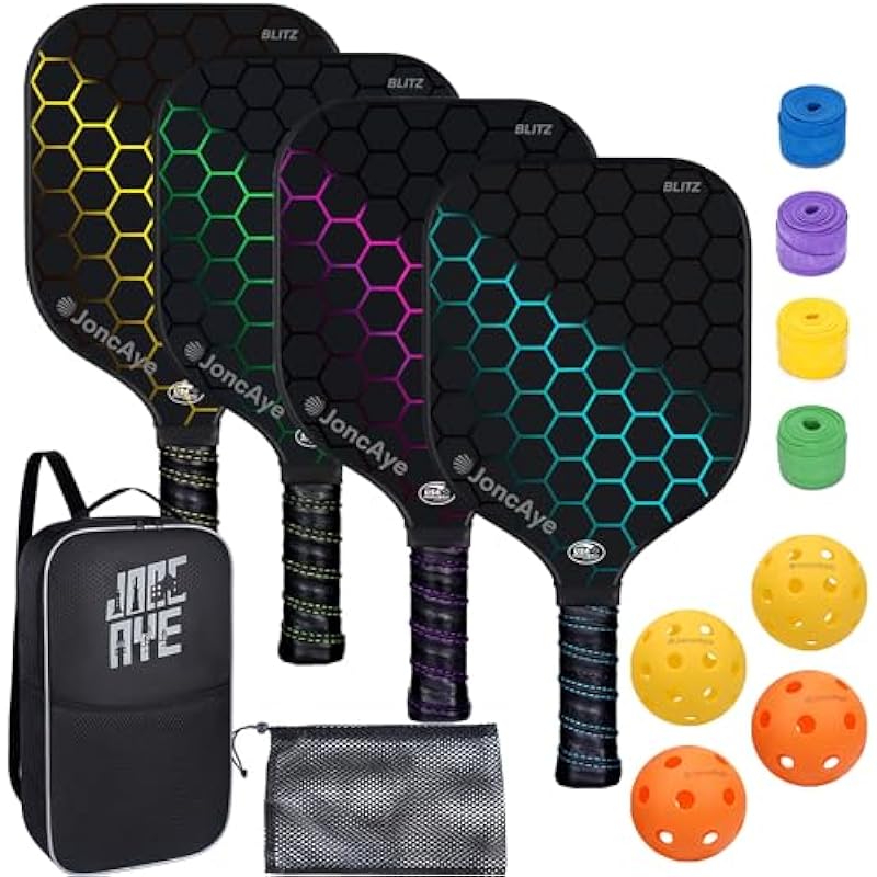 JoncAye Pickleball-Paddles-Set of 4 Rackets and Balls with Bag, Lead Tapes | Fiberglass Pickle-Ball Racquets and Accessories for Men, Women, Kids, Adults | Lightweight Raquette by USAPA Standard