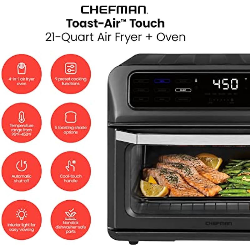 Chefman Toast-Air Touch Air Fryer Toaster Oven Combo, 4-In-1 Black Convection Oven Countertop, Cook A 10-In Pizza, 4 Slices of Toast, Air Fry, Bake, Air Broil, Toast, Dehydrate, 21 Qt Oven Air Fryer