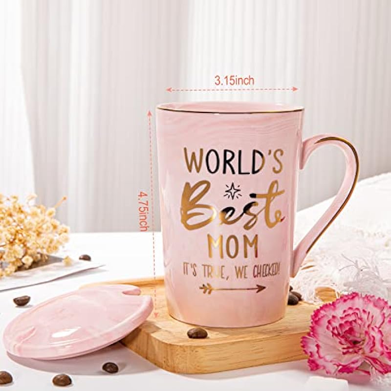 ALBISS Mothers Day Gifts for Mom from Daughter Son – World’s Best Mom – Funny Mom Mug Printed with Gold, Presents for Mom Birthday, 14OZ Pink Marble Ceramic Coffee Cup with Lid Card, Nicely Gift-Boxed