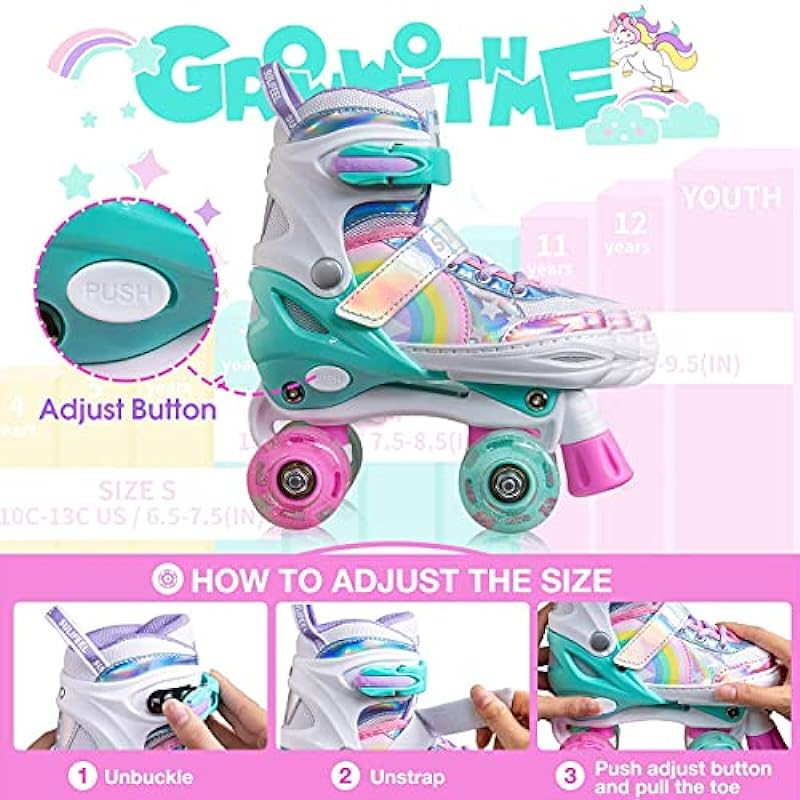 SULIFEEL Rainbow Unicorn 4 Size Adjustable Light up Roller Skates for Girls Boys and Kids