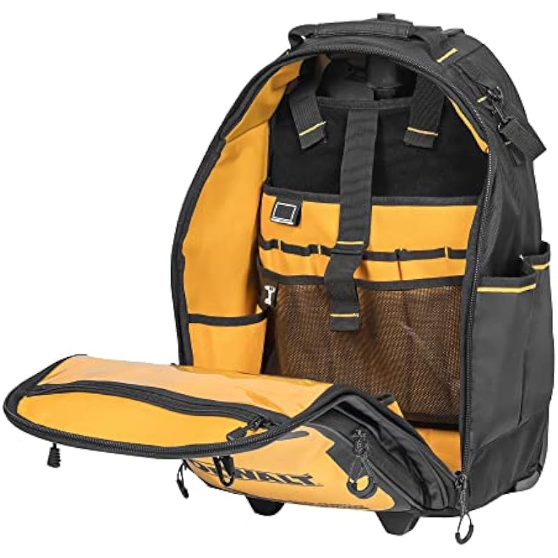 DEWALT Rolling Tool Backpack with Wheels, Telescopic Handle, 46 Pockets, Water Resistant Compartment (DWST560101)