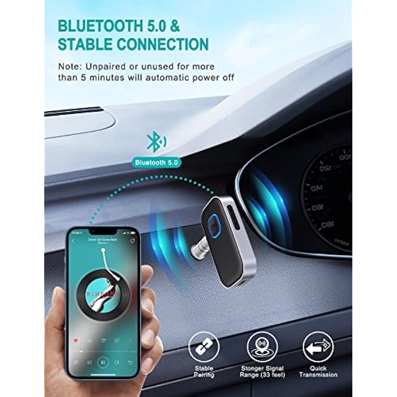 Bluetooth Car Adapter, WOCBUY 3.5mm AUX Bluetooth Receiver for Music Streaming, Wireless Music Audio Adapter with Built-in Mic, Home Stereo, Speakers (Handsfree Car Kits, 16H Playtime, Dual Link)