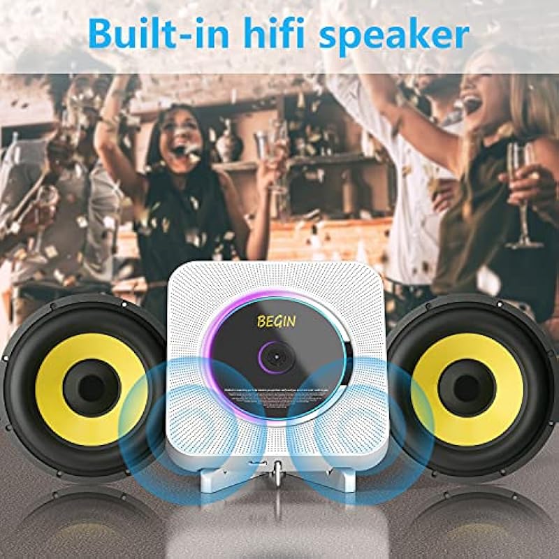AONCO Portable CD Player, Bluetooth Wall Mountable CD Music Player Home Audio Boombox with Remote Control FM Radio Built-in HiFi Speakers, MP3 Headphone Jack AUX Input Output, White