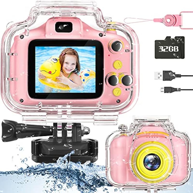 Miiulodi Kids Waterproof Camera – Birthday Gifts for 3 4 5 6 7 8 9 10 Year Old Girls 2 Inch IPS Screen Underwater Action Camera with 32 GB SD Card, Pool Toys for Kids Age 8-12 Pink