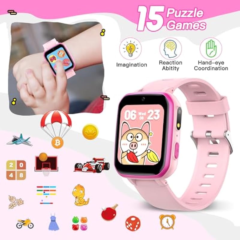 Butele Kids Electronic Learning Toys Learning Systems, Smartwatch for Girls Boys Age 6-12,15 Games Watches with Video Camera Music Player Pedometer Flashlight Toys Birthday Gifts for Kids (Pink)
