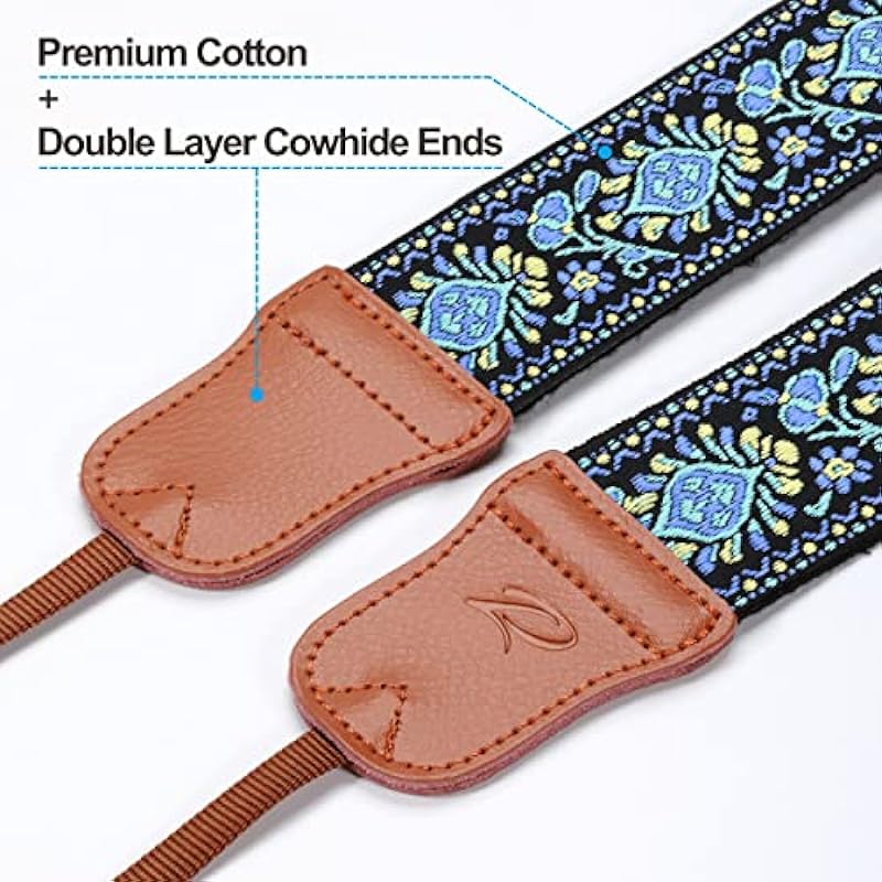 Blue Vintage Embroidered Camera Strap – Double Layer Cowhide Ends,2″ Pure Cotton Woven Camera Strap, Adjustable Universal Neck & Shoulder Strap for All DSLR/SLR Cameras,Great Gift for Photographers