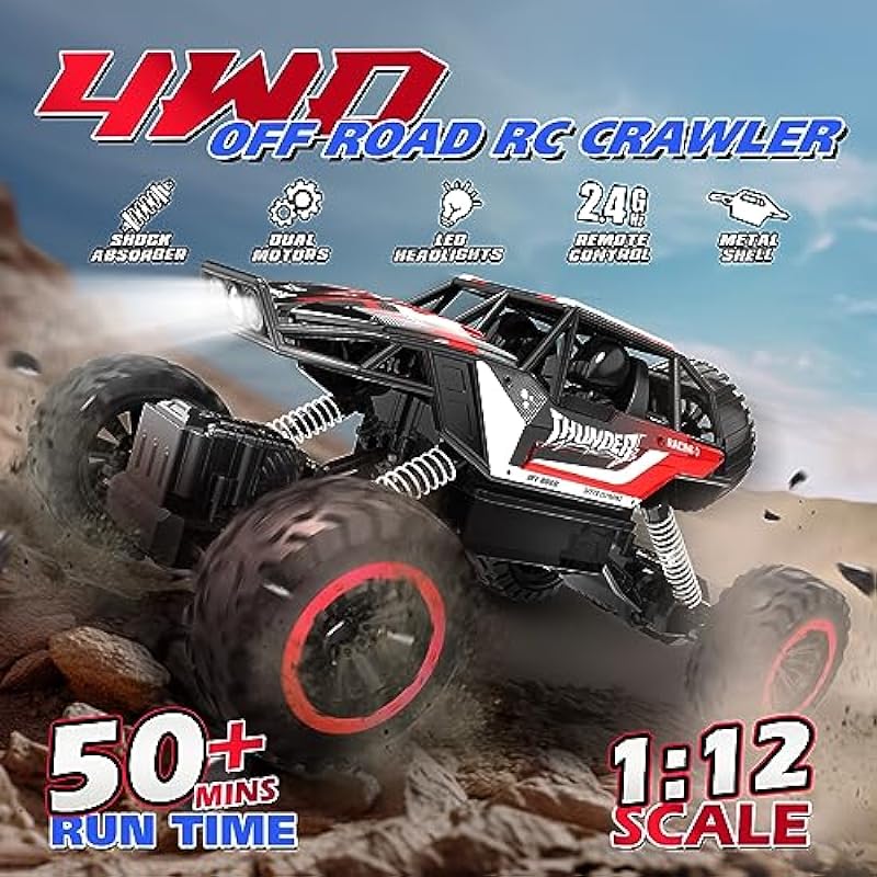 DEERC 1:12 RC Car, 4WD Remote Control Car W/Metal Shell, Off Road Monster Truck W/Dual Motors, LED Headlight, 2.4Ghz All Terrain RC Rock Crawler Gifts for Kids Boys Adults (2 Batteries)