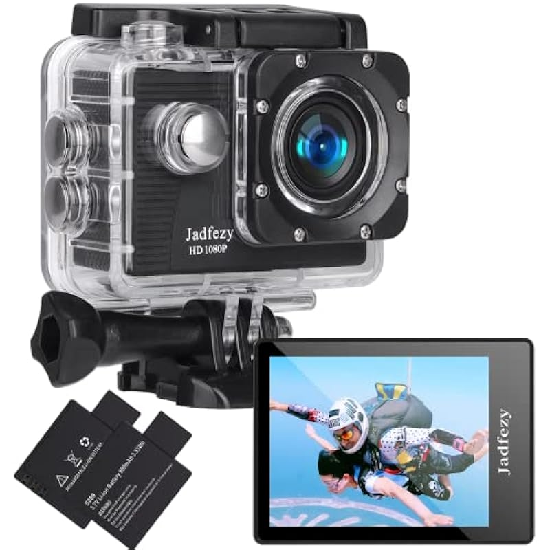 Jadfezy Action Camera FHD 1080P 12MP, 98FT/30M Underwater Waterproof Camera with 2 Batteries, Wide Angle Sports Camera with Accessories Kit Suitable for Helmet, Bicycle, etc.