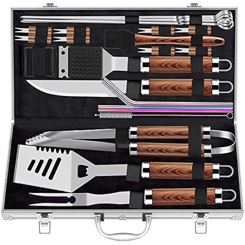 ROMANTICIST 25pcs Extra Thick Stainless Steel Grill Tool Set for Men, Heavy Duty Grilling Accessories Kit for Backyard, BBQ Utensils Gift Set with Spatula,Tongs in Aluminum Case for Birthday Brown