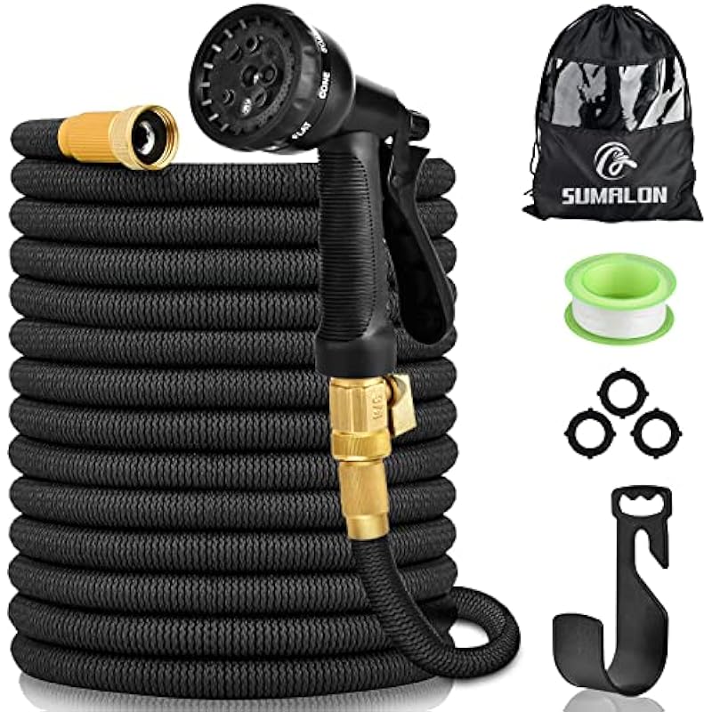 Garden Hose 100ft, Lightweight Kink Free Expandable Water Hose with 8 Function Spray Nozzle and Solid Brass Fittings, 3-Layer Latex Core Retractable Hose