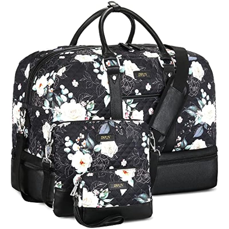 Weekender Bag Large Overnight Bag for Women Canvas Travel Duffel Bag Carry On Tote with Shoe Compartment 21″ for Women & Men 3Pcs Set