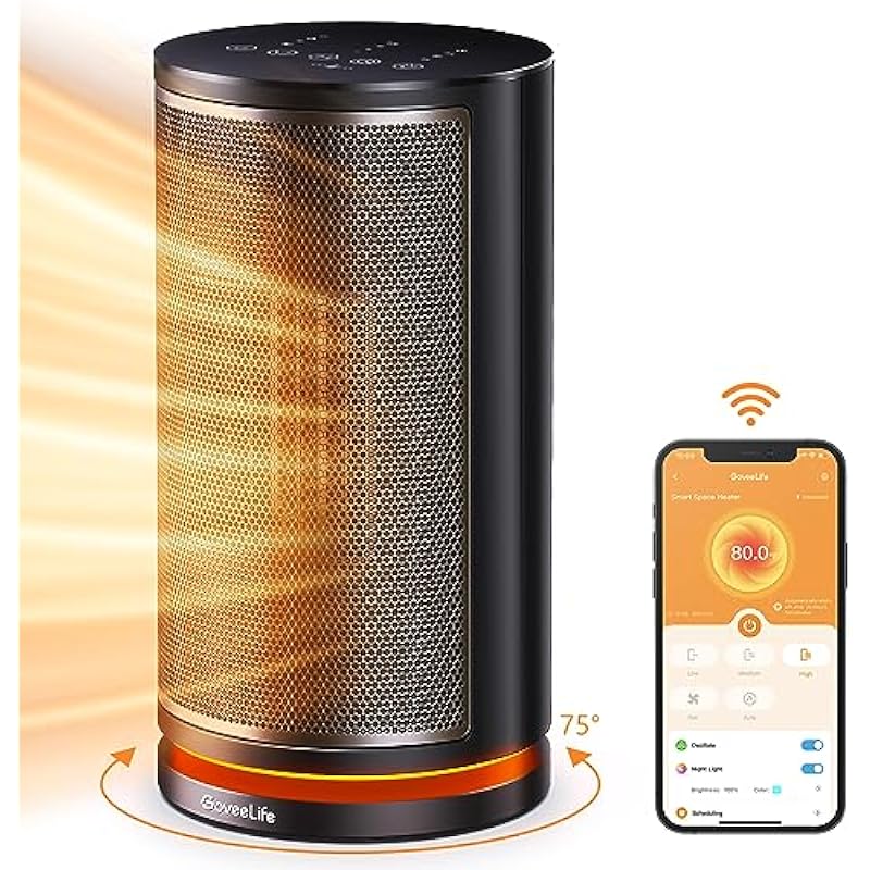 Govee Life Smart Space Heater, Electric Space Heater with Thermostat, Wi-Fi & Bluetooth App Control, Works with Alexa & Google Assistant, 1500W Ceramic Heater for Bedroom, Indoors, Office, Living Room