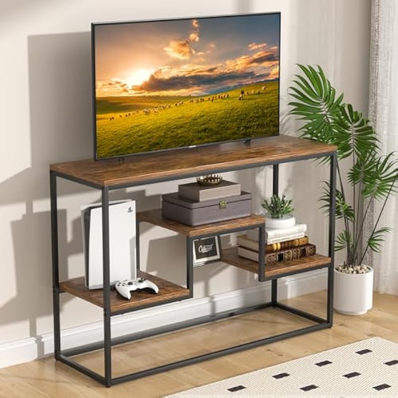 HZE TV Stand, 3 Tiers Tall TV Cabinet with Shelves up for 50” TV, TV Stand, 47L X 15.8W X 31.5H Inches Brown Modern Entertainment Center for Bedroom, Living Room and Study