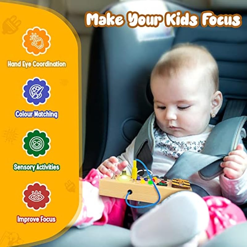 Toddler Busy Board with 8 led Lights,Toddler Sensory Board for 1 Year Old, Baby Montessori Toys for 1+ Year Old, Travel Toys Light Switch Toys for 1, 2,3 Year Old Baby
