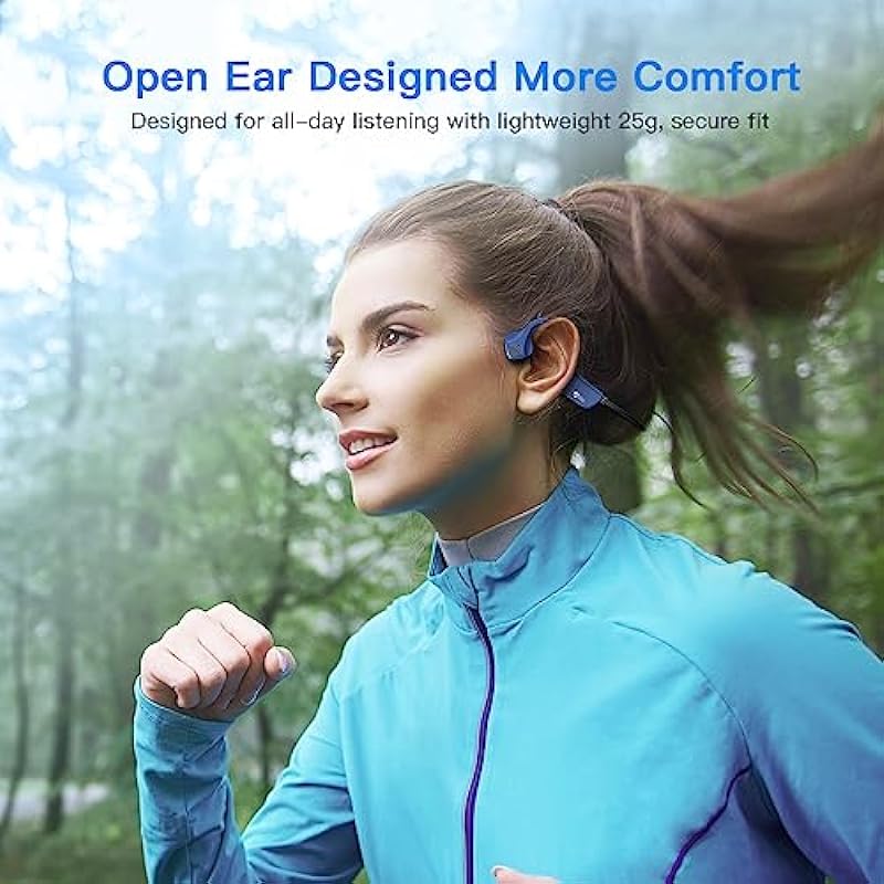 Bone Conduction Headphones Wireless, Open Bluetooth Headphones 5.0, Waterproof and Sweatproof Sports Headphones for Running, Workout, Hiking and Cycling (Blue)